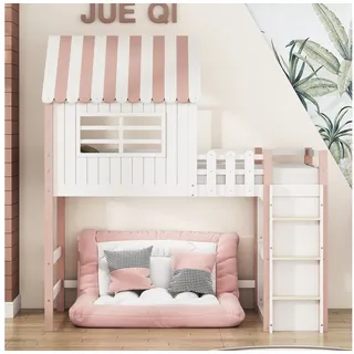IDEASY Einzelbett Kinderbett 90x200 cm hoch und niedrig Bett für Jungen und (Rundum-Absturzschutz), Mädchen Heimbett Dachform mit Sicherheitsleiter mit Ablagefach rosa