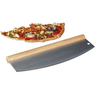 2 x Pizza Wiegemesser, Edelstahl Pizzaschneider mit Holzgriff, 1 Klinge mit Schutzhülle, HxB: 12 x 35 cm, silber