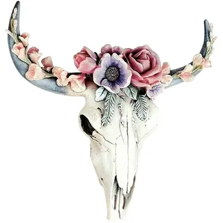 ikasus Stierkopf Harz Wanddekoration,Polyresin Stier Bulle Longhorn Kopf,Blume Kuh Schädel Wanddekoration Kinderzimmer Dekor, Simulation 3D Tier Kuh Schädel für den Innenbereich,In-/Outdoor