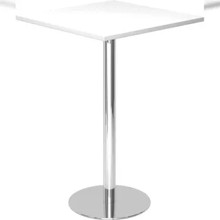 bümö Stehtisch Büro, Bistrotisch eckig 80 x 80 cm - Bartisch weiss, Stehtisch Holz-Platte, Säule aus Metall verchromt, Buffettisch, Säulentisch,