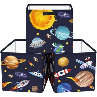 Clastyle 3 Stück Kosmischer Weltraum Aufbewahrungsbox Stoff für Kallax Faltbar Aufbewahrungskorb Klein Schrank Organizer Kleiderschrank für Regal, Sonnensystem, 30x30x30 cm
