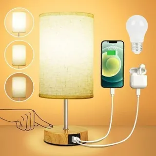 Mascot Touch Nachttischlampe Mit Usb-a- Und Usb-c-ladeanschlüssen, 3-fach Dimmbar, Lampenschirm Aus Leinenstoff, Holzfuß, Kleine Tischlampe Für Schlaf-/wohnzimmer (leuchtmittel Enthalten) [cl