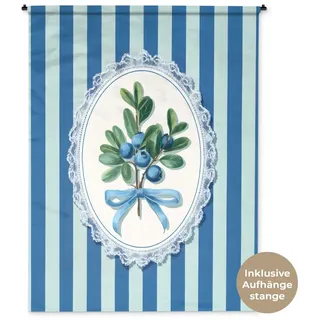 MuchoWow Wandteppich Illustration - Beeren - Blau - Streifen, Rechteckig, Höhe: 3 mm, Wandtuch für Wohnzimmer, Schlafzimmer, 150x200 cm Rechteckig | 150 cm x 200 cm x 3 mm