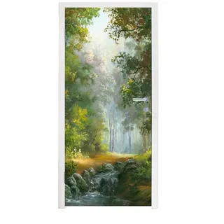 MuchoWow Türtapete Wald - Ölgemälde - Sommer, Matt, bedruckt, (1 St), Türfolie Selbstklebend, Türtapete, Türdeko Poster, 95x235 cm bunt 95 m x 235 m