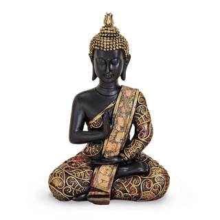TEMPELWELT® Deko Figur Buddha Statue Amoghasiddhi sitzend 15 cm, Polystein schwarz gold rot, Dhyani-Buddha Dekofigur Thai Buddha Statue Buddhafigur
