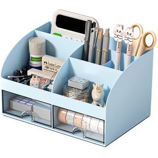 ROMINVIC Schreibtisch Organizer - Büro-Organizer mit 6 Fächern und 2 kleinen Schubladen, Desk Storage Box für Stiftehalter, Remote-Control und weitere kleine Büroartikel-Blau