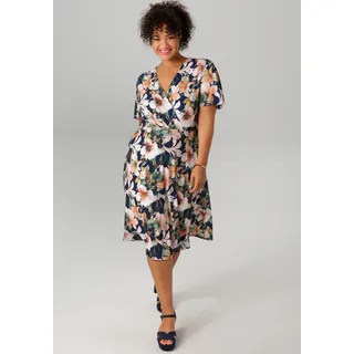 Jerseykleid ANISTON PLUS, Damen, Gr. 44, N-Gr, bunt (marine, grün, beige), Jersey, Obermaterial: 95% Polyester, 5% Elasthan, geblümt, bedruckt, feminin, figurbetont knielang, V-Ausschnitt, Kurzarm Flügelärmel, Kleider, mit V-Ausschnitt in Wickeloptik - NEUE KOLLEKTION