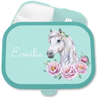 Shirtracer Mepal Brotdose Kinder personalisiert Pferdekopf Blumen Name | Türkis, 750 ml, mit Fächern, Schule, Campus, spülmaschinenfest, Vesperbox, Snackbox, Jausenbox, Kindergarten, Einschulung