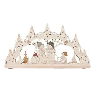 Erzwelt Original Erzgebirge Lichterbogen 3D Schwibbogen Schneemannfamilie im Wald 7 Kerzen, Holz, Beige, 32 x 56 x 5 cm