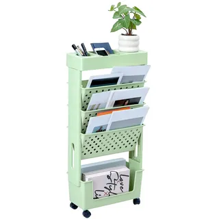 QWORK® Mobiler Bücherregal, Grün, Mobiler Aufbewahrungswagen mit Rollen, Multifunktionales Organisation Regal