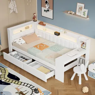 BTM Jugendbett 90x200 mit Schreibtisch Gepolstertes Tagesbett mit Schubladen USB und LED-Gürtel, Kinder Stauraumbett, Daybed Weiß