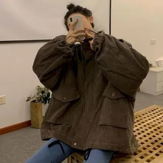 ZXCL Übergroße Jacken Frauen Corduroy Plus samt Dicke Mantel lose Lammwolle Jacke Herbst Winter 2021 Neue Retro Kleidung damenmäntel-Brown,M 45kg-50kg