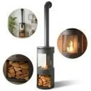 OKO S7 Panorama Bioethanol Kamin mit Holzfach und extra hohem Design-Rauchrohr 214 × 42,7 × 42,7 cm - Schwarz