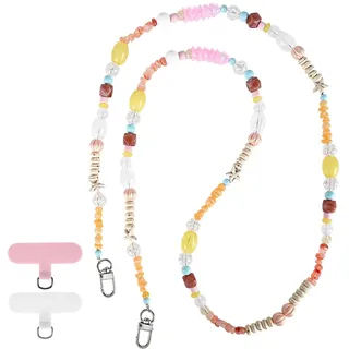 Reownest Universal Handykette mit Patch, Vintage Kristall-Perlen Handy Umhängeband, Handy-Schnur mit Anti-Verlust Charm, Kompatibel mit Smartphones für Damen und Mädchen - Bernstein Gelb
