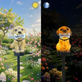 Solar Powered Little Yellow Dog Lichter, Garten dekoratives Harz niedliche Tier Bodenlampe, drahtlose Dämmerung zur Morgendämmerung LED-Lichter wasserdicht.