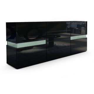 Vladon Sideboard Flow (Kommode mit Ambient Light Verglasung, mit 2 Türen und 4 Schubladen), Schwarz Hochglanz (177 x 75 x 39 cm) schwarz