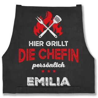 Schürze - Grillschürze Damen - Hier grillt die Chefin persönlich mit Name I Lustig Grillen Frauen I Geschenk Grillen personalisiert - 85x69 - Jeans Schwarz - grillschürzen für kochschürze - 85x69