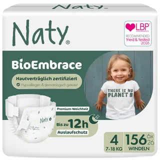 Naty BioEmbrace Baby Windeln, Größe 4 (7–18 kg), 156 Stück | Hypoallergen für empfindliche Haut, Bis zu 12 Stunden Auslaufschutz, Saugstark, Pflanzenbasierte Weichheit, Premium-Komfort