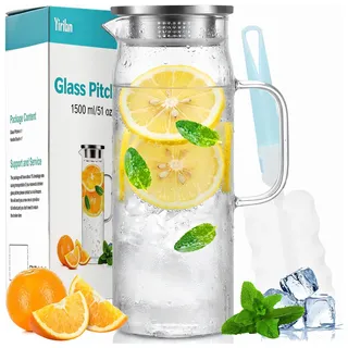 Yirilan 1,5 L / 51 oz Glaskaraffe mit Deckel, Transparent Wasserkrug | Borosilikatglas Karaffe mit Deckel. Inkl. Bürste. BPA-frei. Große Öffnung. Tropffrei. Für Wasser, Tee, Saft & Eistee.
