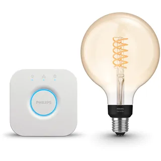 Philips Hue Starterpaket - E27 - mit 1 Filament Edison Glühbirne Groß (ST72) - Warmweißes Licht - inkl. 1 Hue Bridge - Hue White Filament