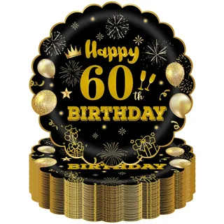 HFBOBP 50 Stück 60. Geburtstag Party Pappteller, 17.78cm Einweg Schwarz und Gold Scalloped Dessert Partyteller Party für Hochzeit Jahrestag Dekorationen