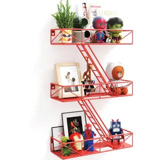 MVPSONAG Fire Escape Wandregal mit Korb, 3-stöckiges rotes Feuerleiter-Regal, Wand-Organizer, New York Metall dekorative Regale, DIY schwebende Action-Figur Display Regal für Schlafzimmer,