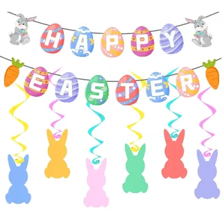 Frohe Ostern Banner Deko, Hase Ostern hängende Wirbel Osterei Jagd Dekorationen, Frühling Dekorationen Perfekt für Home School Office Klassenzimmer Party Dekorationen