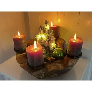 Ambiente Home Ambientehome Teak Adventskranz Wurzelschale Holzschale Obstschale Schale massiv ca 30-35 cm Dekoschale, Kerzenpicks mit hochgezogenem Rand