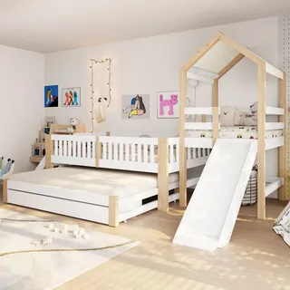 MODFU Kinderbett Hausbett mit Zusatzbett 90x190 cm, Holzbett (90x200 cm, mit Rutsche, Aufstiegstreppe, integrierten Schubladen und gemütlichem Stoffdach, Gästebett), Inklusive Matratze