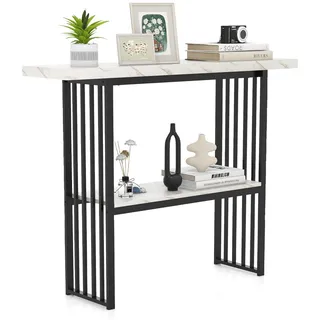 FANTASK 2 Ebenen Flurtisch schmal, Beistelltisch mit Metallrahmen, Konsolentisch Marmor Optik ideal für Wohnzimmer & Flur, 120 x 29,5 x 92,5 cm (Schwarz + Weiß)
