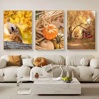 Uixxducc 3er Herbst Poster Set, Herbst Eichhörnchen Kürbis Blätter Bilder Set, Wandbilder Wohnzimmer Natur Herbst Wanddeko für Schlafzimmer Flur,Ohne Rahmen (B,50x70cm)