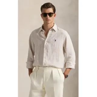 Polo Ralph Lauren für Herren. 710B15594006 Leinenhemd mit beigen Custom Fit-Streifen (S), Lässig, Langarm