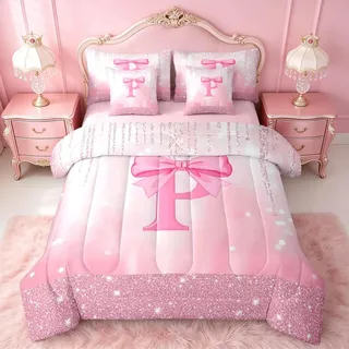Feelyou 7-teiliges Bettwäsche-Set für Jungen und Mädchen, rosa Schleife, personalisierbar, Initiale P, Bett in Einer Tasche, Kinder-Bettwäsche-Set, Prinzessin, Glitzer, mit Laken, Schleife