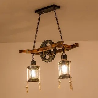 FUMIMID Antik Holz Pendelleuchte Vintage Hängeleuchte E27 Esstisch Esszimmer Lampe Industrial Metal Hängelampe Retro Rustikale Landhaus Pendellampe Schlafzimmer Wohnzimmer Kronleuchter 2 Flammige