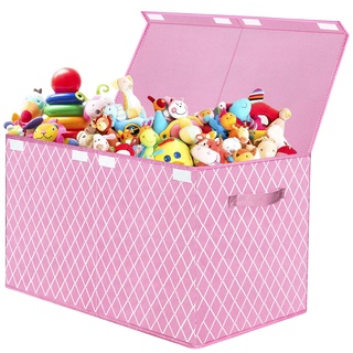 VERONLY Aufbewahrungsbox Spielzeugkiste mit deckel Kinder, Spielzeug Aufbewahrung mit Griffen, Faltbox Korb für Kinderzimmer, Kleidung, Schlafzimmer (Rosa Karo)