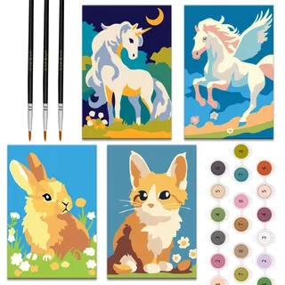 Zimrobin 4 Pack Malen Nach Zahlen für Kinder –12×8cm Malen Nach Zahlen Kinder ab 5 6 7 Jahre Mädchen und Junge,Kreatives Geschenk mit 3 Pinsel und Acrylfarben(Einhorn,Kaninchen,Kätzchen)