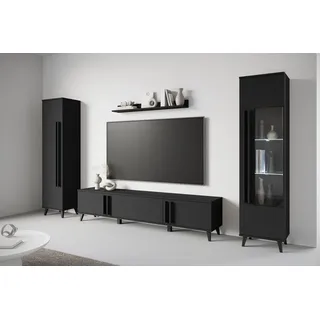 Home Affaire Wohnwand Helsinki, Modernes Set mit verglaster Vitrine, (Komplett-Set, 4-St), mit lamellengriffen, verstellbaren Einlegeböden und Kunststofffüßen schwarz