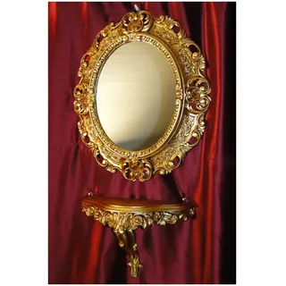 Lnxp Set Gold Wandspiegel + Konsole M OVAL Wandkonsole Barock Antik 44x38 Flur Eingangsmöbel Möbel Konsole Ablage Spiegel 45SET