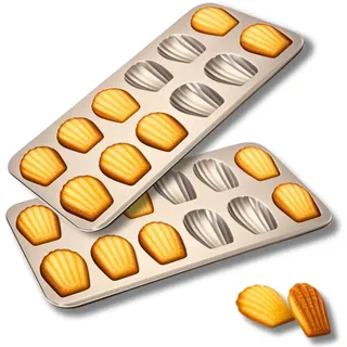 OlBuWa 2 Stück Madeleines Backform, 12 Mulden Madeleine Form, Antihaftbeschichtet Karbonstahl, Madeleines für Ofen Backen Brot Schokolade Muffin Brownie 40x 24 cm (Gold)