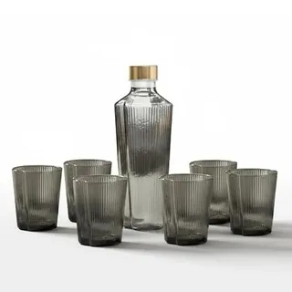 Zafferano Handy 6er Set Bunte Geriffelte Trinkgläser + 90 cl Borosilikatglas Flasche mit austauschbaren Gold und Silberdeckeln, italienisches Design, Geschenkbox, Grau