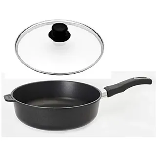 Original Gundel Guss-Bratpfanne INDUKTION - hoch - Ø 20 cm - Höhe 7 cm - mit Glasdeckel inkl. Deckelknopf (entlüftbar) und abnehmbarer Griff, Biotoan-Oberfläche, Akku-Therm Boden