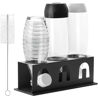 ACTIV Cuisine Flaschenhalter für Sodastream Duo Crystal Flaschen, 3er Edelstahl Abtropfhalter Abtropfgestell platzsparend, Breite 11cm, mit Abtropfmatte, Deckelhalter, Flaschenbürste, Schwarz