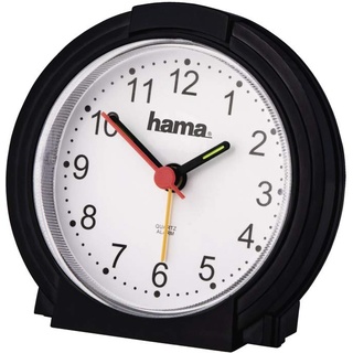 Hama analoger Wecker ohne Ticken (batteriebetriebene Uhr mit Alarmfunktion, mit Licht, fluoreszierender Stunden- und Minutenzeiger, einstellbare Alarmzeit, 12,5 x 6,5 x 17 cm) schwarz, Rund