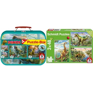 Schmidt Spiele 56495 Dinosaurier, 4 Kinderpuzzle im Metallkoffer, 2x60 und 2x100 Teile & 56202 Abenteuer mit den Dinosauriern, 3x48 Teile Kinderpuzzle