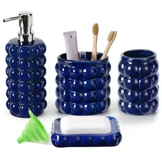 Keramik Badezimmer Set 4-Dunkelblau, Badaccessoires Set mit Seifenspender, Zahnbürstenhalter, Zahnputzbecher und Seifenschale, Modernes Bad Set für