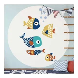K&L Wall Art Fototapete Fototapete Kubistika Bunte Fische Kinderzimmer Vliestapete Rund Tapete, Tauchen Tapete bunt 1.4 m x 1.4 m