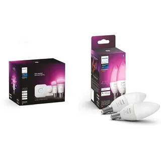 Philips Hue White & Color Ambiance Starter Set mit E27 Lampen 2-er Pack (1100) & White & Color Ambiance E14 LED Lampen 2-er Pack (470 lm)