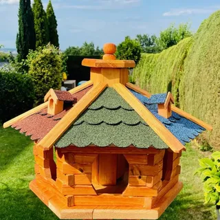 DARLUX handgefertigtes Sechseck Vogelhaus aus Holz wetterfest M - XL mit und ohne Ständer, Futterhaus, Futterhäuschen (Größe XL ohne Ständer, Bunt - Braun)