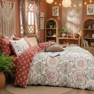 Lanqinglv Bettwäsche 155x220 Boho Bohemian Blumen Wendebettwäsche Rot Weiß Mandala Böhmisch Bettbezug mit Reißverschluss und 1 Kissenbezug 80x80,ÖkoTex Bettwäsche für Allergiker Geeignet
