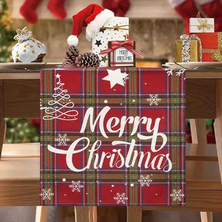 BonBotimen Tischläufer Weihnachten Rot 33x183cm Modern Table Runner Leinen Christmas Geometrisch Buffalo Check Schneeflocken Dekoration für Saisonnal Winter Küche Tisch Drinnen Party Dekor